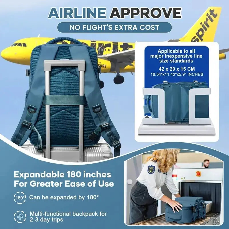 A teal expandable travel backpack shown next to an airplane, highlighting its airline approval and ease of use.