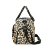 A beige leopard print travel duffel bag with black straps and a shoe compartment.