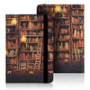 A dark cover featuring an illuminated bookshelf scene with numerous books and a wooden ladder.