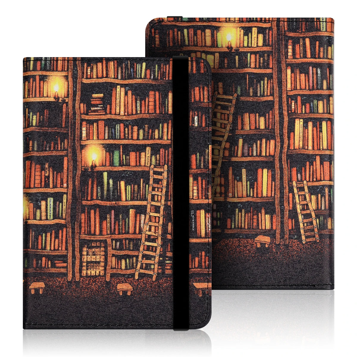 A dark cover featuring an illuminated bookshelf scene with numerous books and a wooden ladder.