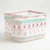 A white waterproof cotton linen storage basket with pink and green embroidered patterns.