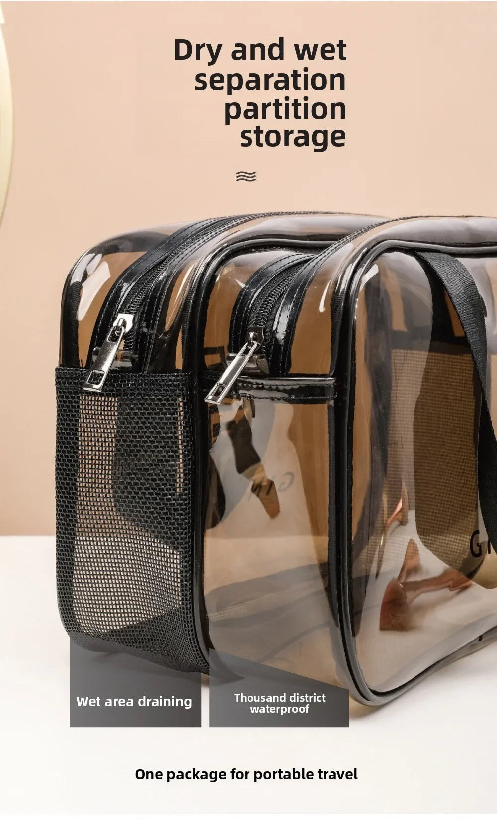 Bolsa reutilizable negra y transparente para separar ropa seca y mojada, con bolsillo de malla y material impermeable