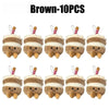 Ten brown bread plush keychains with white stripes and red ribbons