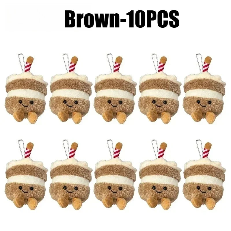 Ten brown bread plush keychains with white stripes and red ribbons