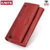 A red genuine leather women's wallet with a zipper and RFID blocking protection.