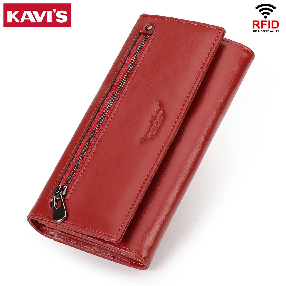 A red genuine leather women's wallet with a zipper and RFID blocking protection.