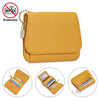 A yellow genuine leather slim tri-fold wallet with a zipper pouch and attached key ring.