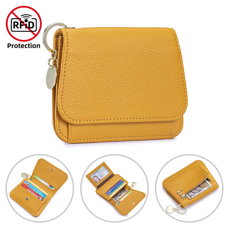 A yellow genuine leather slim tri-fold wallet with a zipper pouch and attached key ring.
