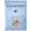Light blue passport card holder featuring a stylized letter T and a teddy bear design