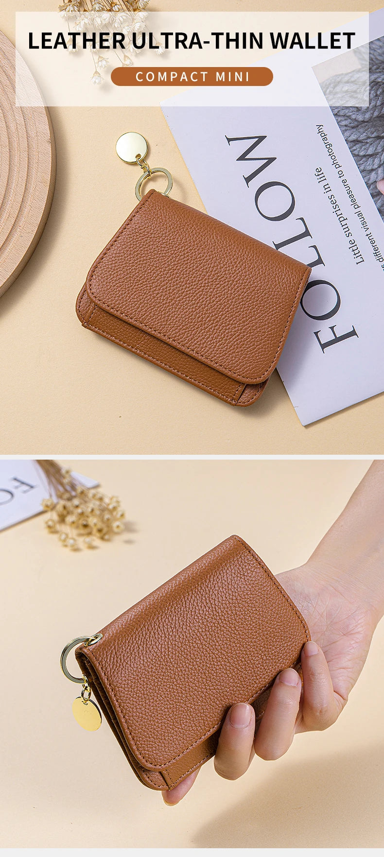A brown leather ultra-thin wallet is shown being held by a hand, highlighting its compact design.