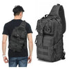 A black versatile sling backpack shown on a person and as a standalone product view.