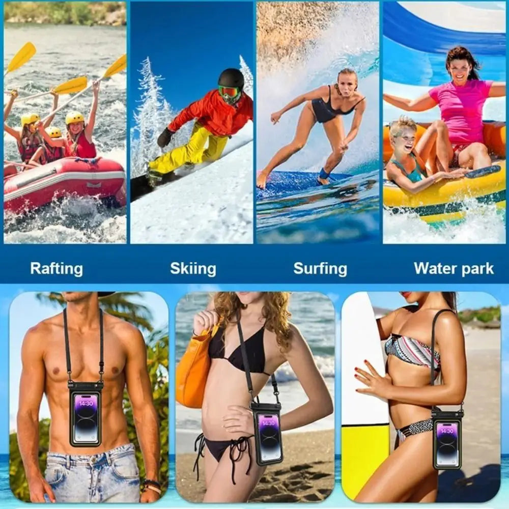 A woman wearing a waterproof phone case with a detachable strap on her abdomen while standing on a beach.