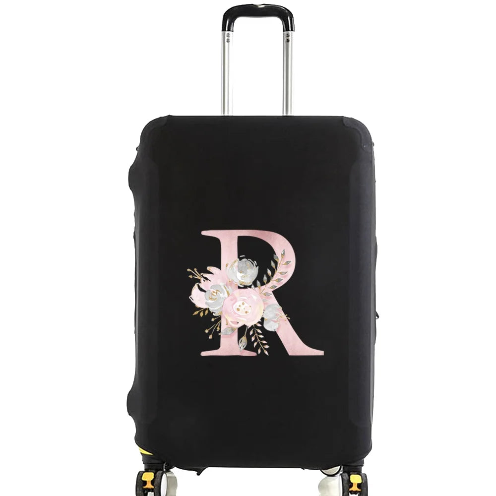 Black luggage protector cover with a large pink floral letter R design