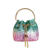 A green and pink crystal-embellished evening clutch with a gold chain strap.