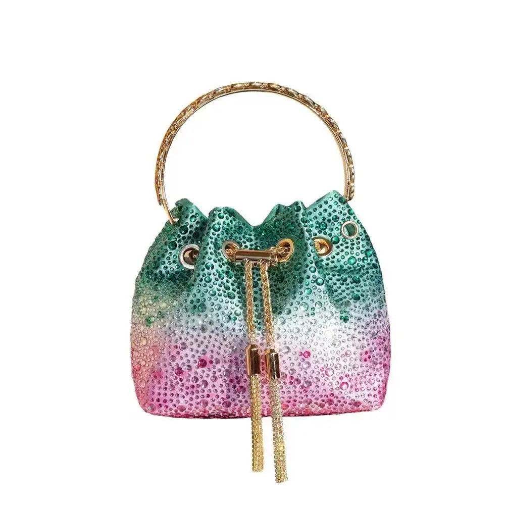 A green and pink crystal-embellished evening clutch with a gold chain strap.
