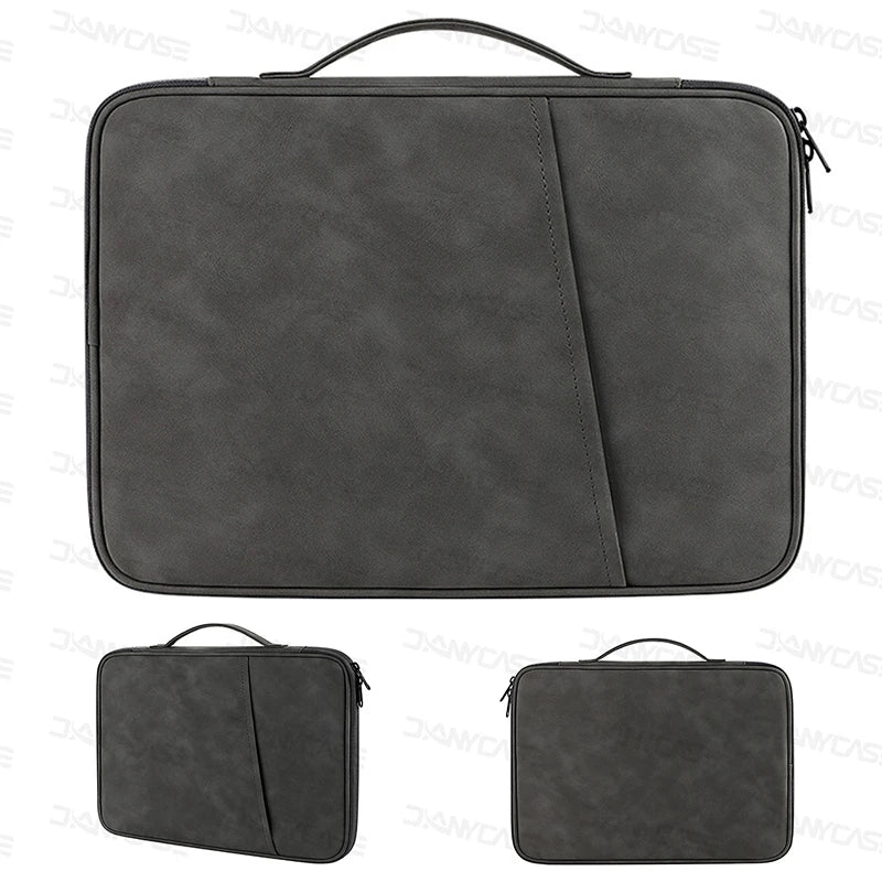 Funda protectora gris oscuro para tabletas y portátiles con asa de transporte.