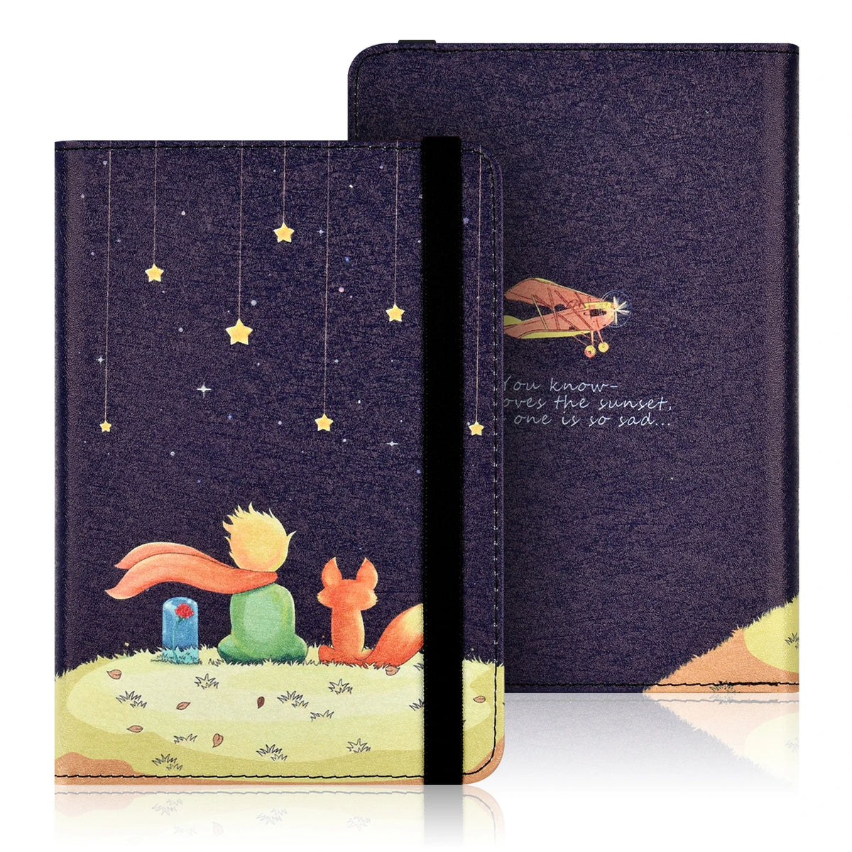 A dark purple e-book cover featuring a starry night scene with a silhouette of a person and an orange fox.