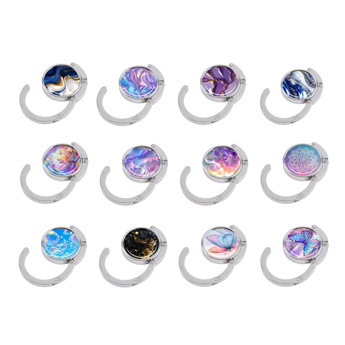 A set of nine folding table bag hooks featuring colorful marble and starry sky designs.