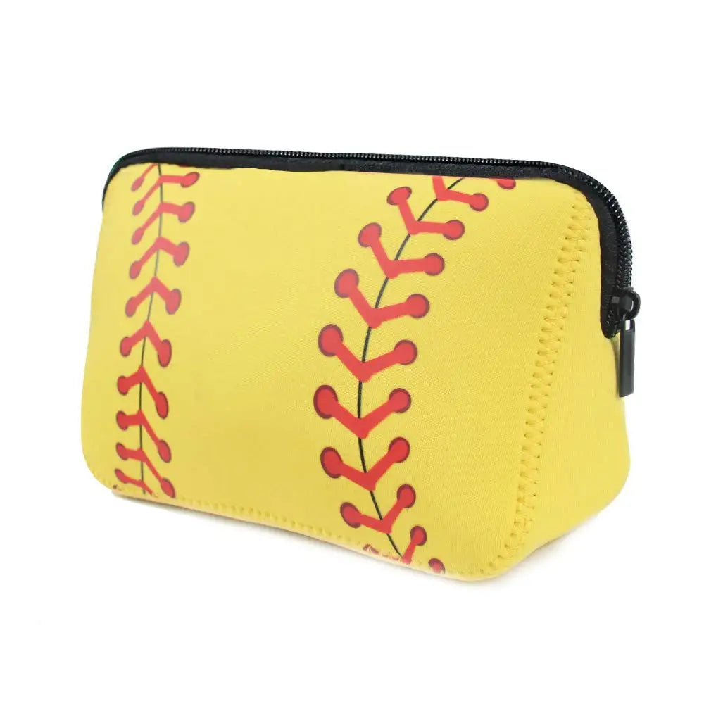 A yellow portable neoprene cosmetic organizer bag with red stitching detail.