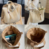 A natural straw woven tote bag shown in various angles, including a full view and an interior view.