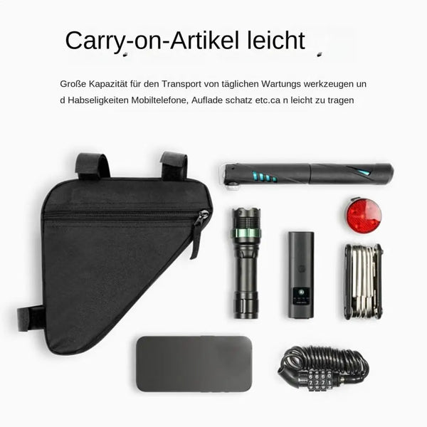 A black carry-on article storage bag is shown with various tools and accessories like a knife, battery, and metal rods.