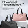 Pink and black fitness travel strength storage bags displayed on a white surface.