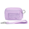 A lavender iris checkered wallet with a clear ID window and a matching strap.
