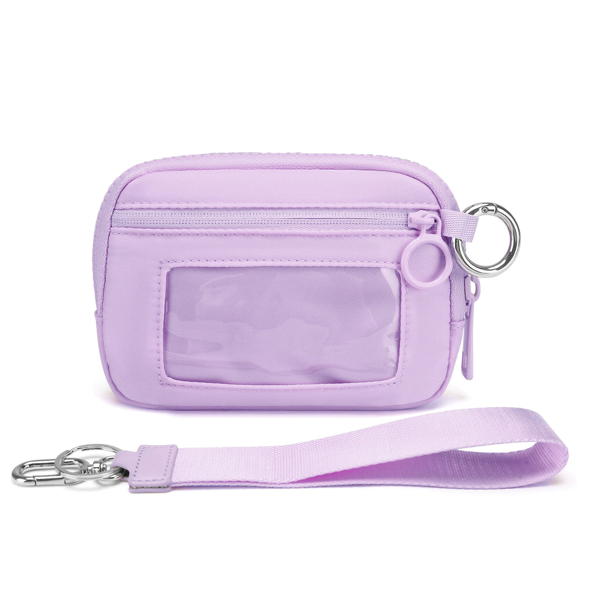 A lavender iris checkered wallet with a clear ID window and a matching strap.