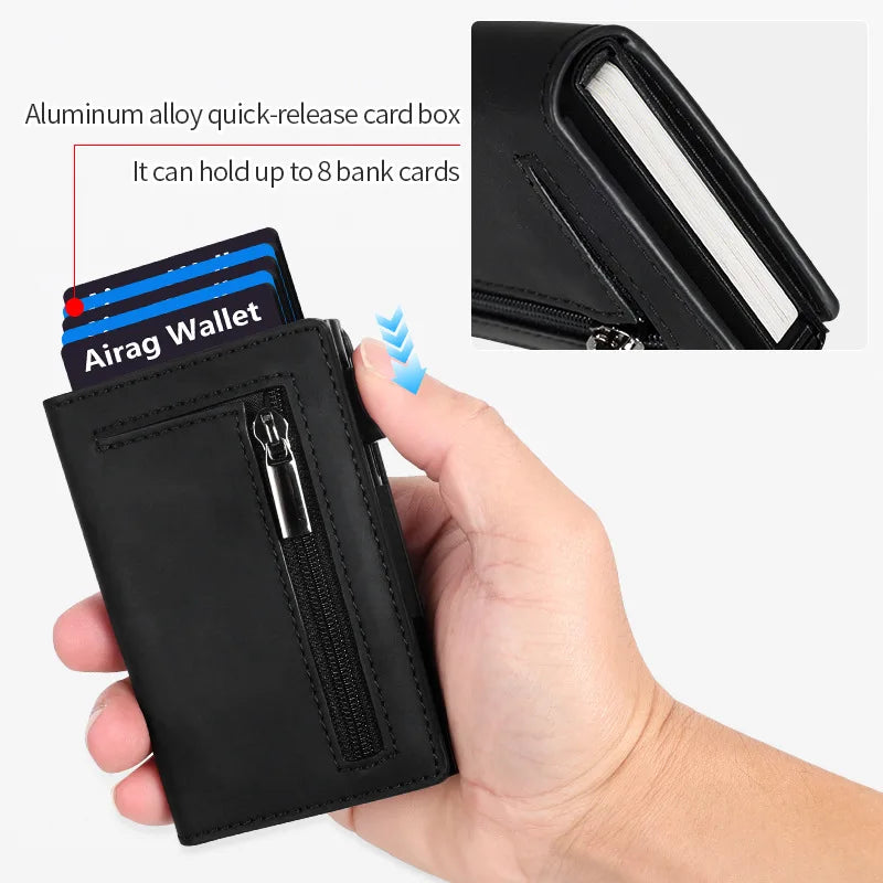 A black minimalist magnetic wallet holding several bank cards and a wallet box.