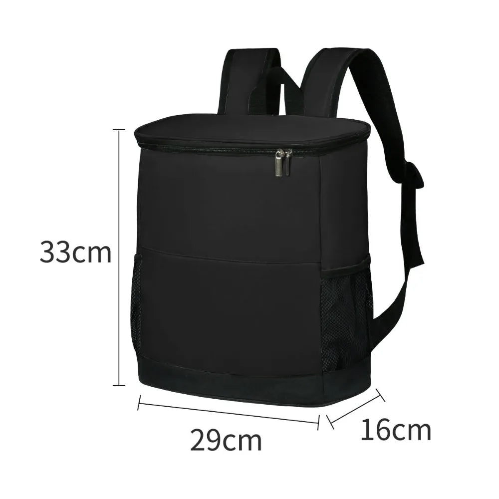 Black insulated cooler backpack with shoulder straps and a zipper closure.