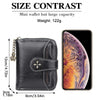 Black leather mini wallet with a clover charm shown next to an iPhone display.