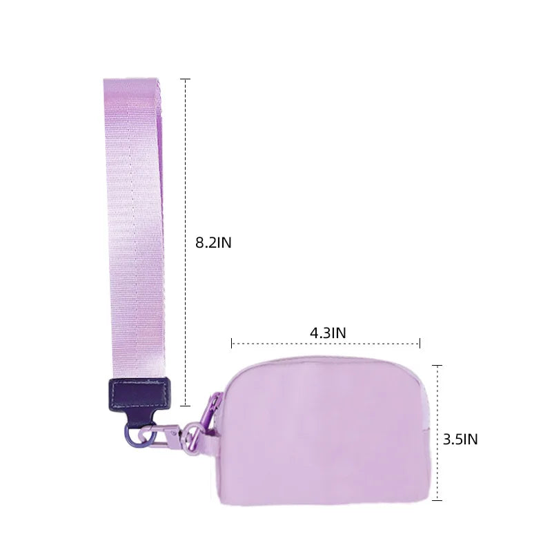 A purple mini nylon zip wristlet coin purse with a strap and a small pouch.