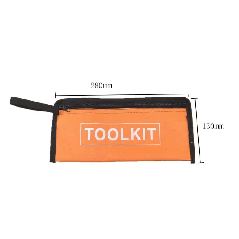 Orange tool kit organizer bag with black trim and dimensions 280mm by 130mm
