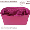 A pink luxury bag organizer insert with a satin lining showing multiple color options for matching.