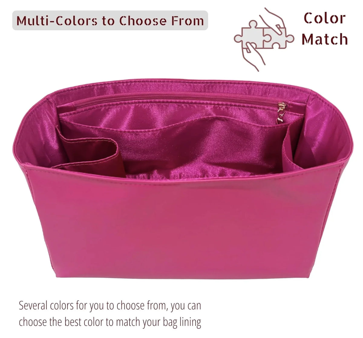A pink luxury bag organizer insert with a satin lining showing multiple color options for matching.