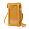Tan Lederhandtasche mit klarem Frontpanel und Trageriem, vor weißem Hintergrund.
