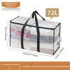 A transparent woven storage bag with a black handle and double zippers, measuring 72 liters.