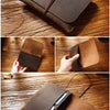 A brown full-grain leather passport holder and card wallet shown in various angles on a wooden surface.
