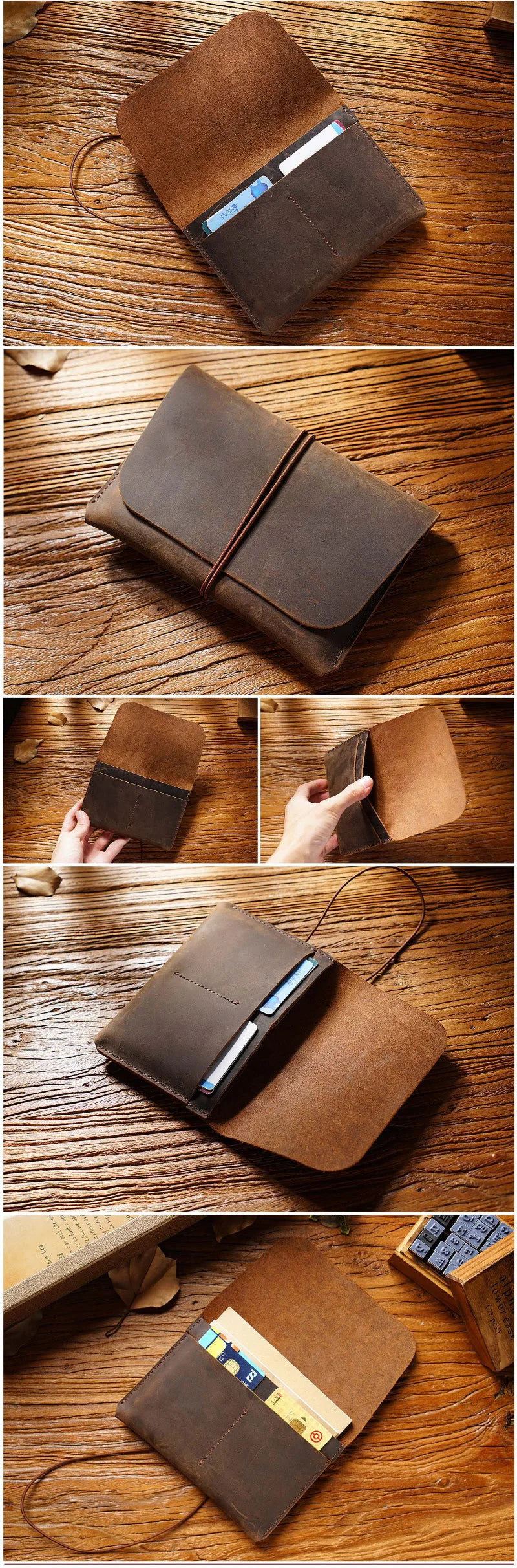 A brown full-grain leather passport holder and card wallet shown in various angles on a wooden surface.