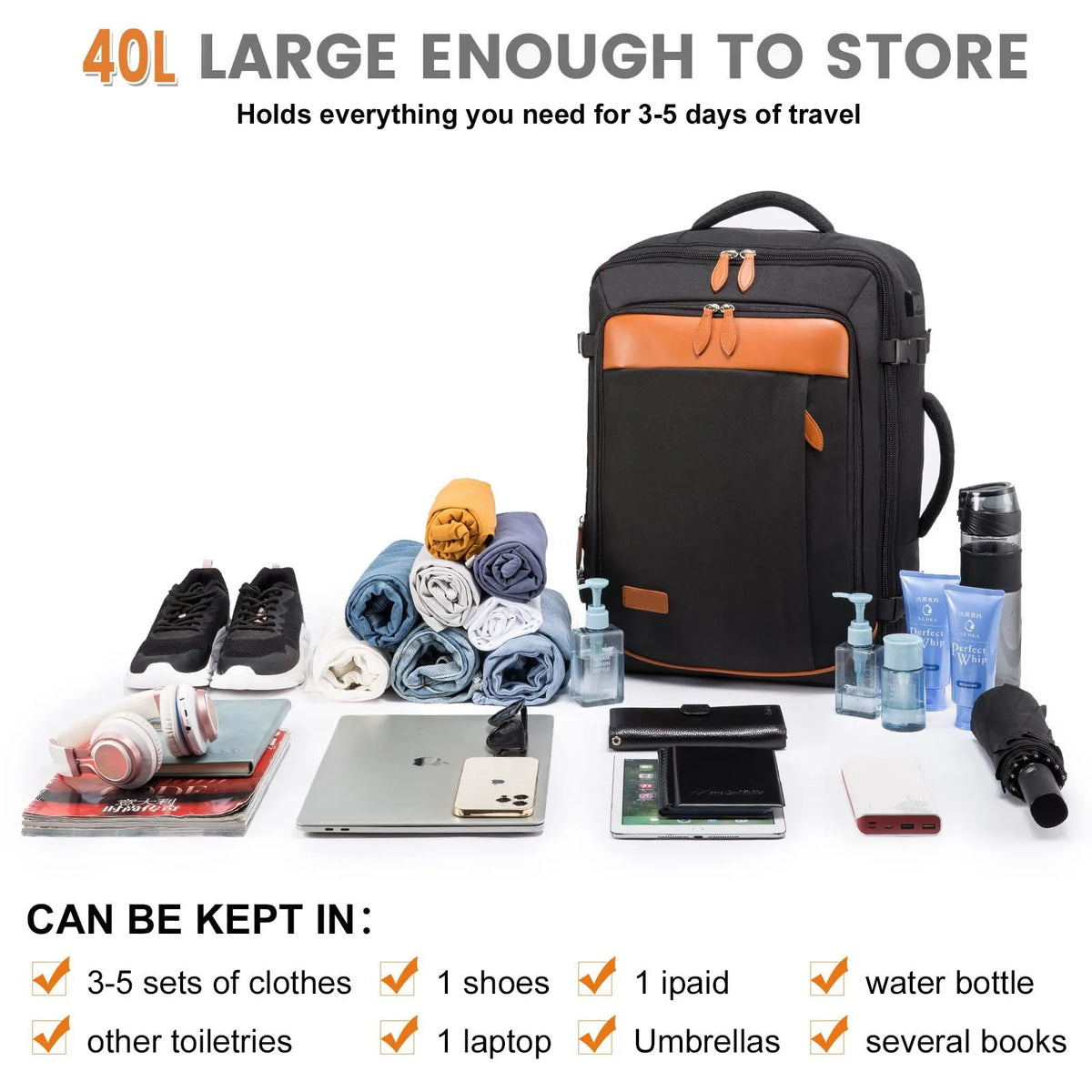 A black travel backpack is shown open, revealing various items like clothes, shoes, electronics, and toiletries organized in 