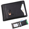 Cartera delgada de cuero negro con logo de Batman y sosteniendo una tarjeta de identificación de EE. UU.