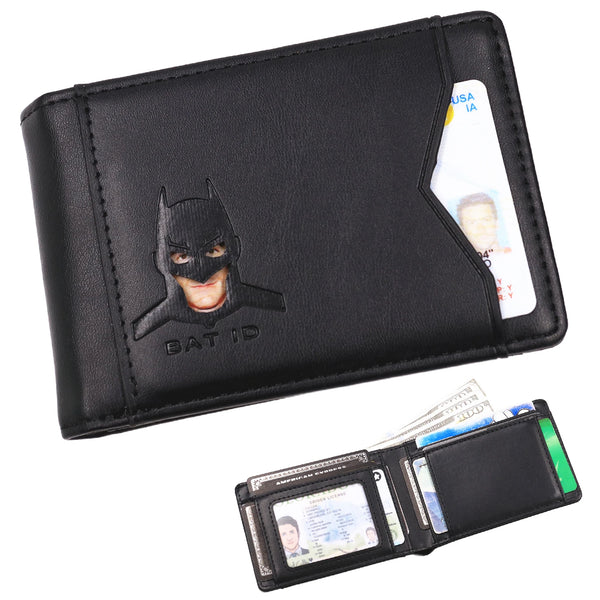 A black slim leather wallet featuring a Batman logo and holding a US ID card.