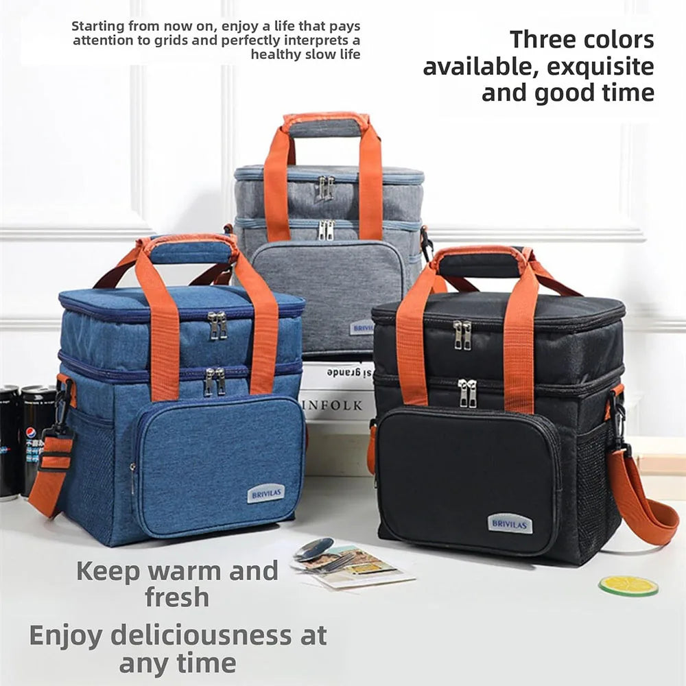 Three insulated double-deck lunch bags in blue, gray, and black with orange straps shown on a white background.