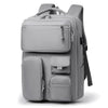 A gray unisex large capacity travel backpack shown from the front.