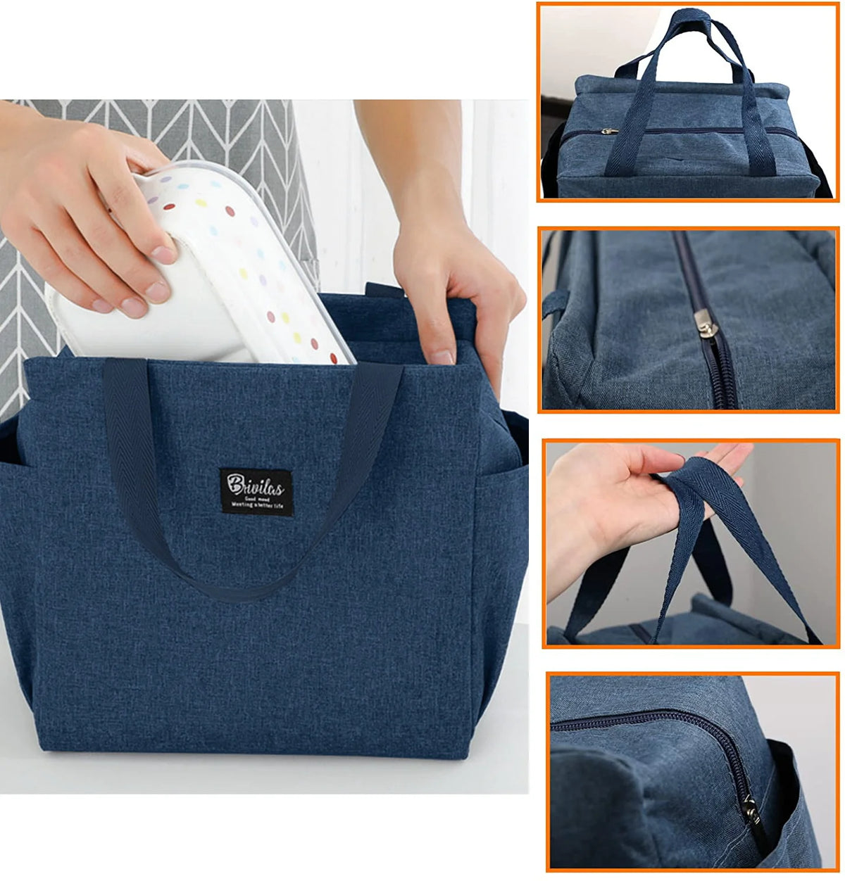 Bolsa de almuerzo de lona aislada azul oscuro mostrada desde varios ángulos, incluyendo un primer plano de la tela y los deta