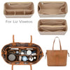 A felt insert liner for a handbag is shown alongside various sized inserts and a finished leather handbag.