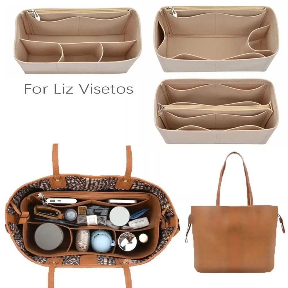 A felt insert liner for a handbag is shown alongside various sized inserts and a finished leather handbag.
