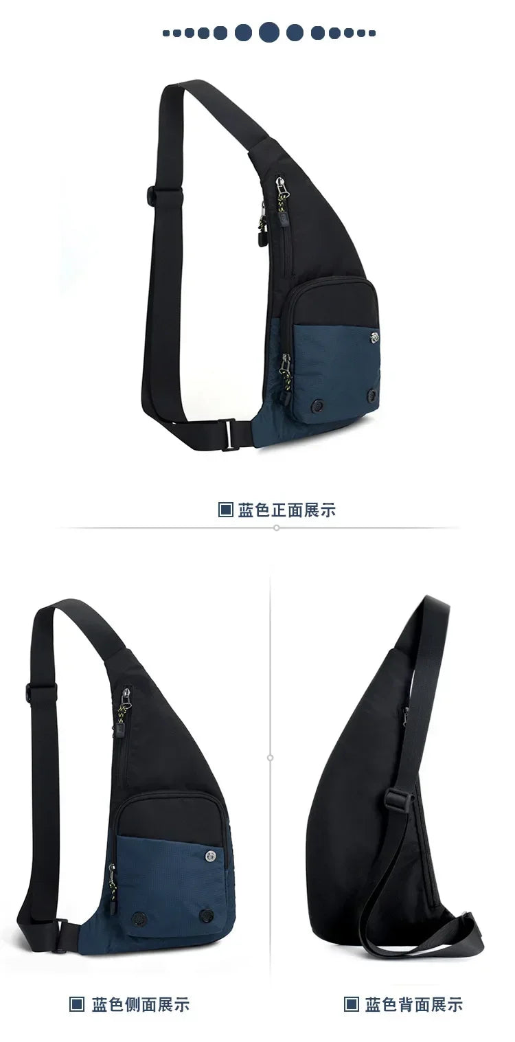 Black and navy versatile crossbody sling bag shown in various angles
