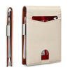 A beige slim leather wallet with a carbon fiber finish and an RFID-blocking feature is shown open.