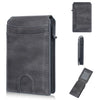 A dark gray men's PU leather RFID blocking card holder wallet shown in various forms.